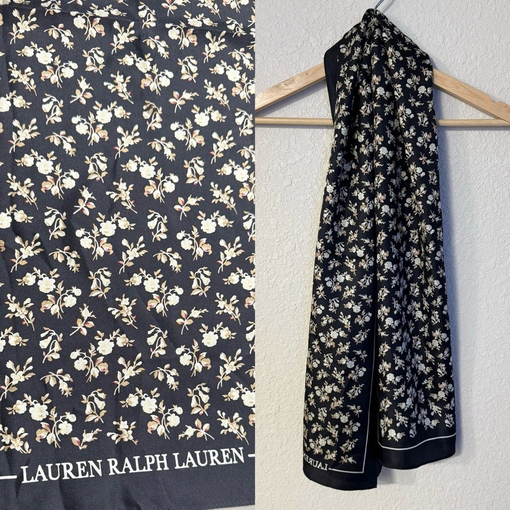 Lauren Ralph Lauren 100% Silk Floral Neutral Scarf Neck Tie Wrap 54”